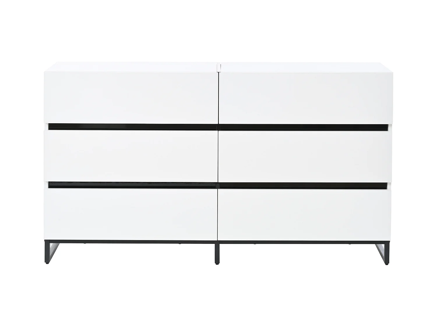 Buffet 140x39.5x78.5 cm - avec 6 tiroirs - 3 pieds en métal - Finition brillante - Blanc + Noir