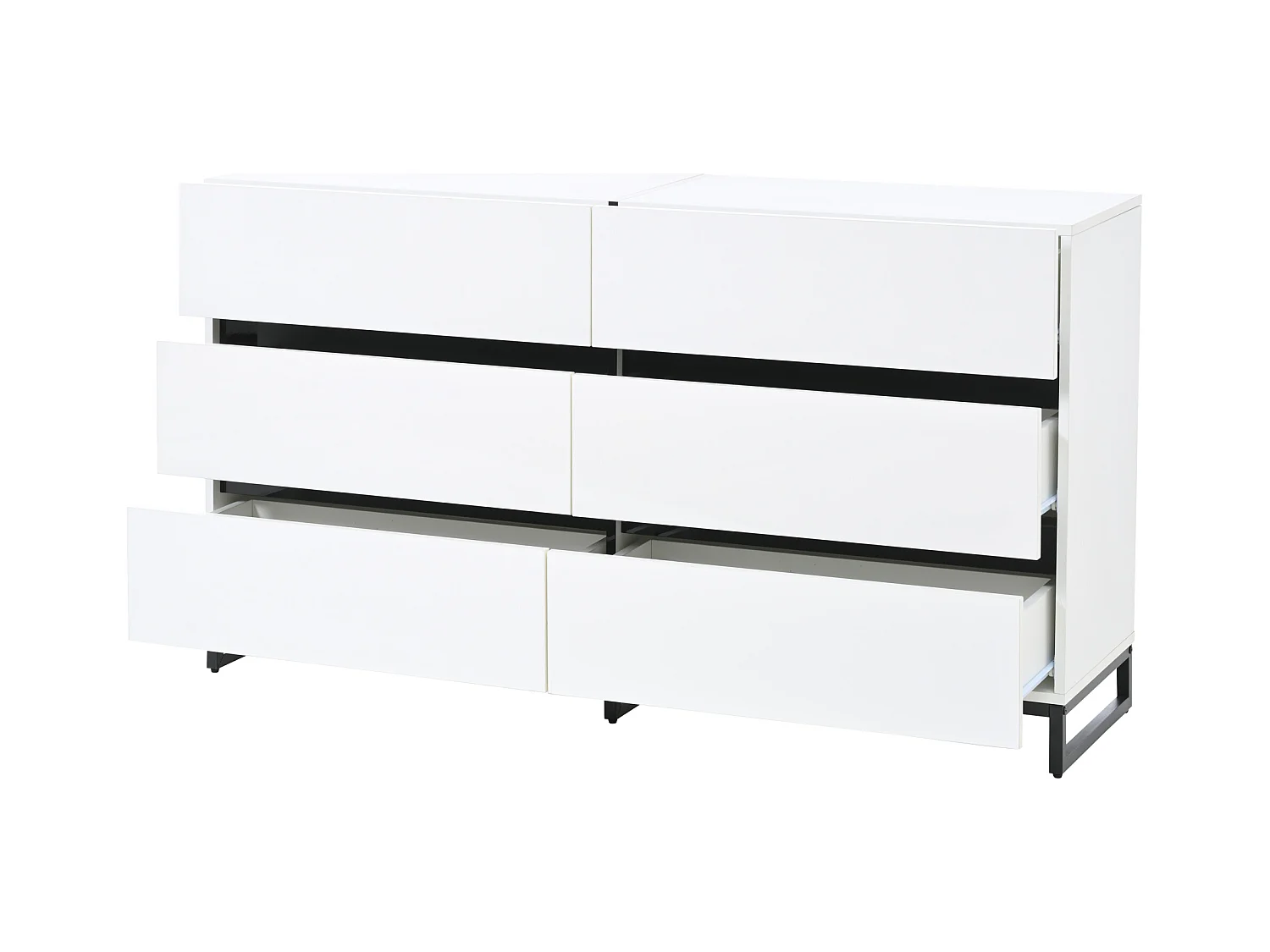 Buffet 140x39.5x78.5 cm - avec 6 tiroirs - 3 pieds en métal - Finition brillante - Blanc + Noir