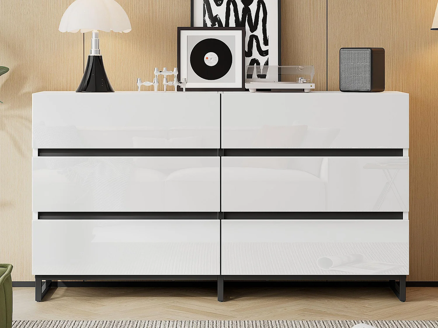 Credenza 140x39.5x78.5 cm - con 6 cassetti - 3 gambe in metallo - Finitura lucida - Bianco + Nero