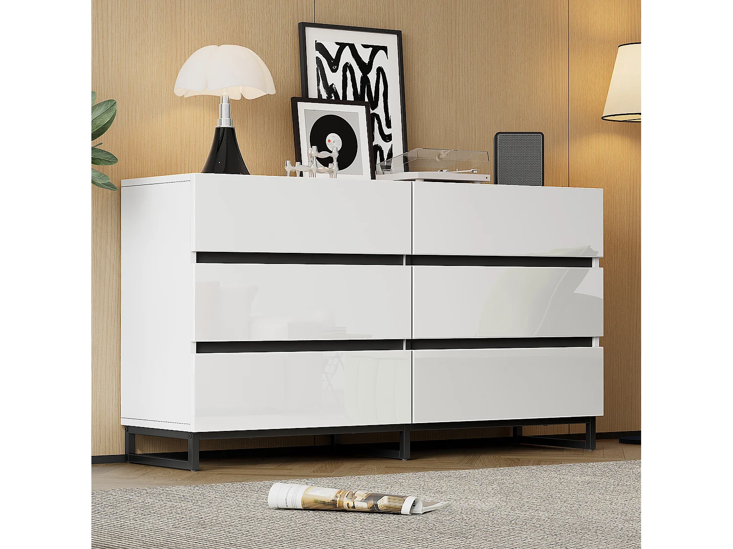 Credenza 140x39.5x78.5 cm - con 6 cassetti - 3 gambe in metallo - Finitura lucida - Bianco + Nero