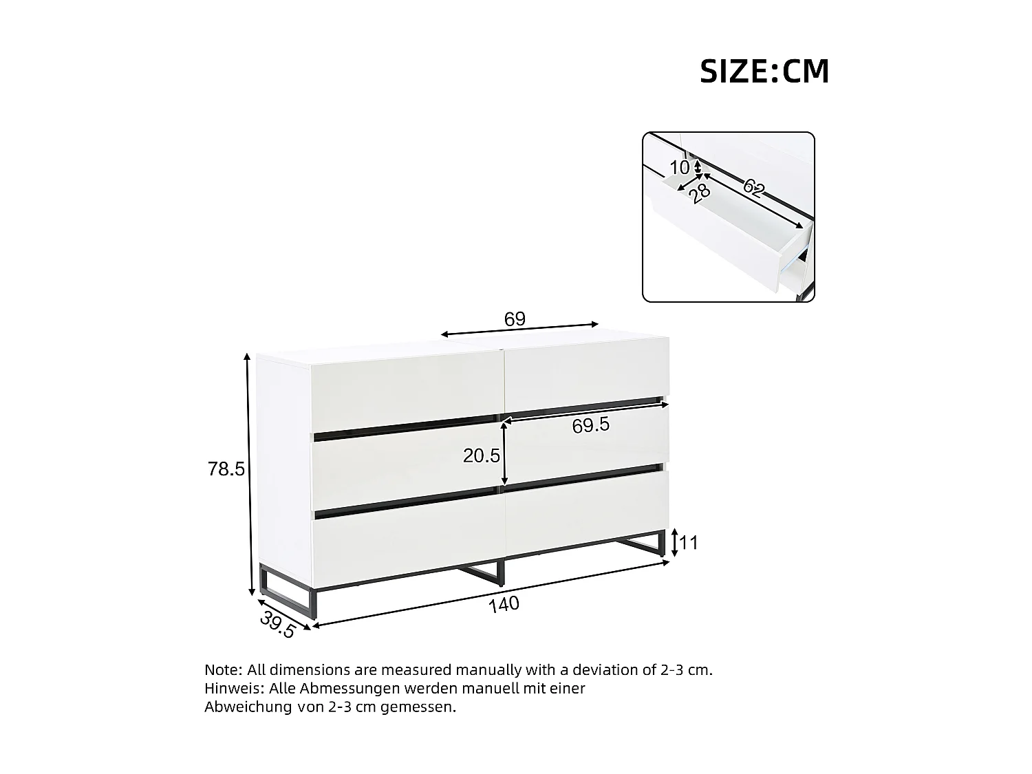 Credenza 140x39.5x78.5 cm - con 6 cassetti - 3 gambe in metallo - Finitura lucida - Bianco + Nero