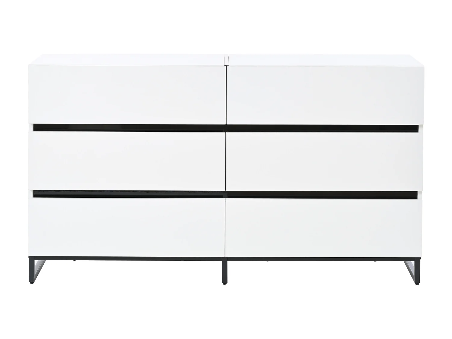 Credenza 140x39.5x78.5 cm - con 6 cassetti - 3 gambe in metallo - Finitura lucida - Bianco + Nero