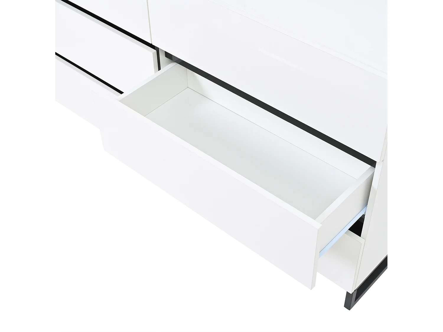 Credenza 140x39.5x78.5 cm - con 6 cassetti - 3 gambe in metallo - Finitura lucida - Bianco + Nero