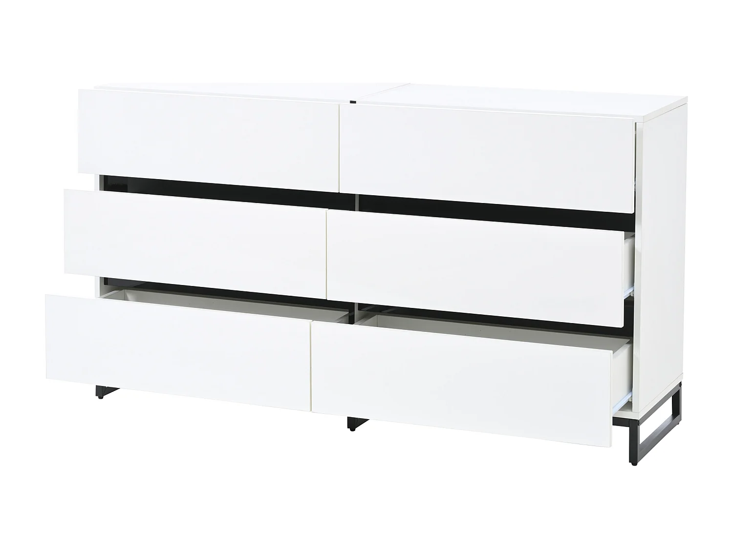 Credenza 140x39.5x78.5 cm - con 6 cassetti - 3 gambe in metallo - Finitura lucida - Bianco + Nero