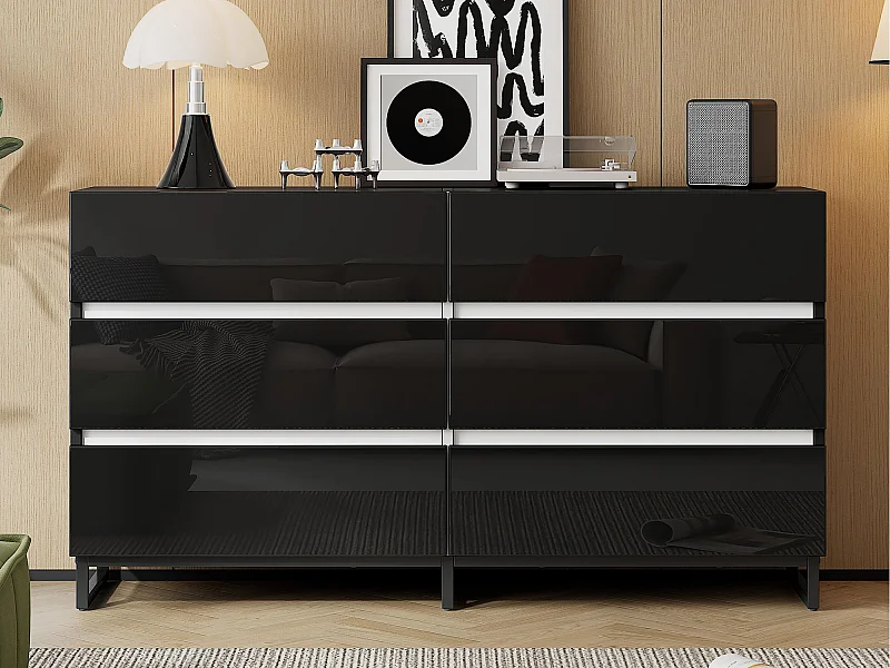 Buffet 140x39.5x78.5 cm - z 6 szufladami - 3 metalowe nóżki - Błyszczące wykończenie - Czarny + Biały