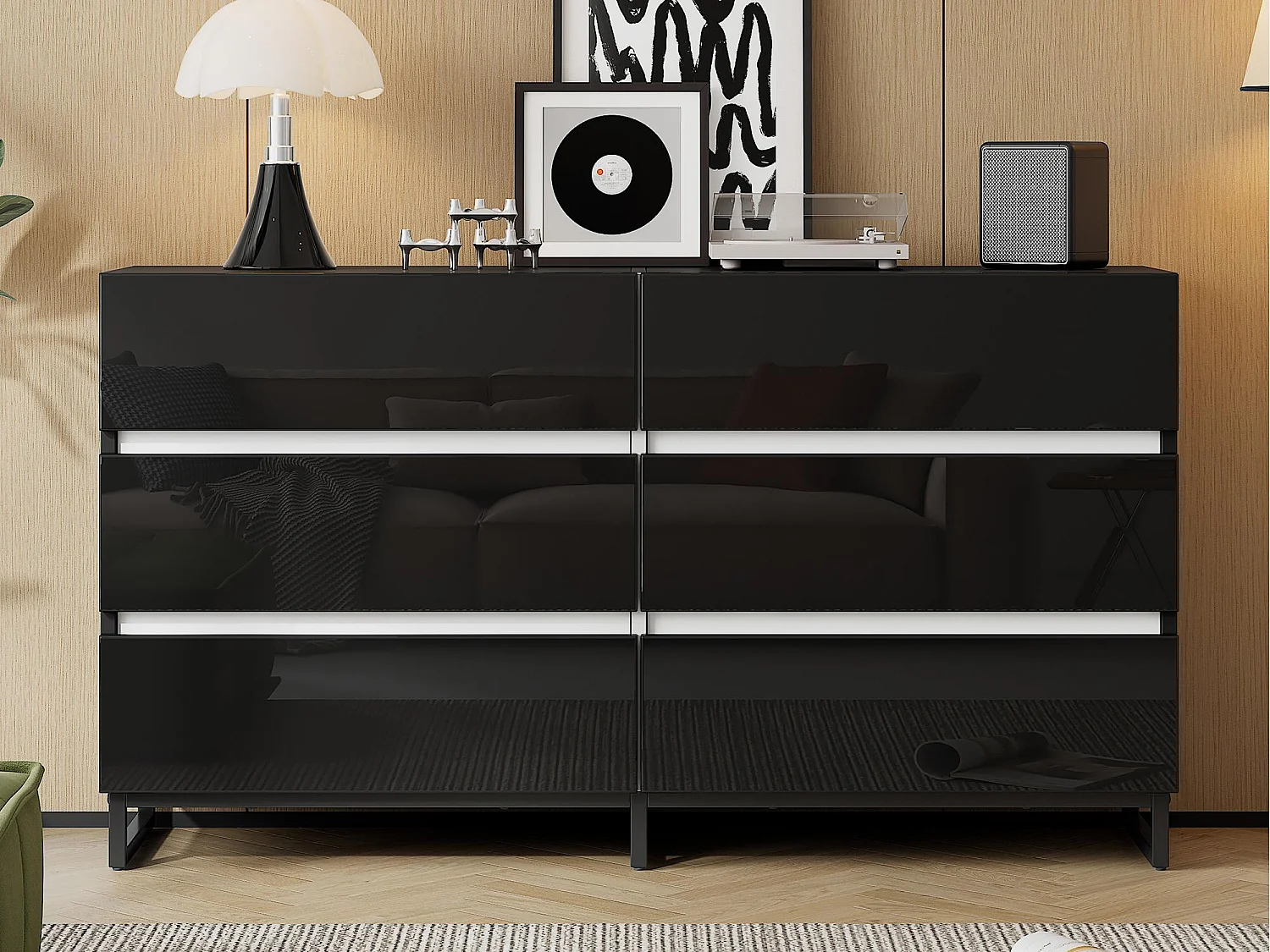 Buffet 140x39.5x78.5 cm - avec 6 tiroirs - 3 pieds en métal - Finition brillante - Noir + Blanc