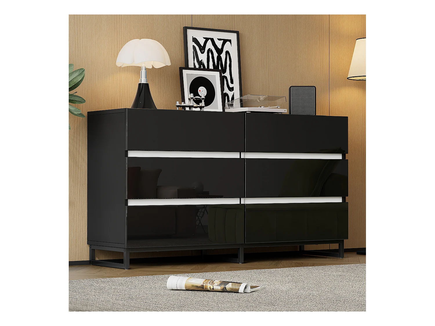 Buffet 140x39.5x78.5 cm - avec 6 tiroirs - 3 pieds en métal - Finition brillante - Noir + Blanc