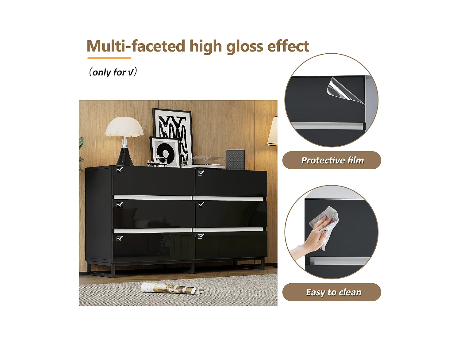 Buffet 140x39.5x78.5 cm - avec 6 tiroirs - 3 pieds en métal - Finition brillante - Noir + Blanc