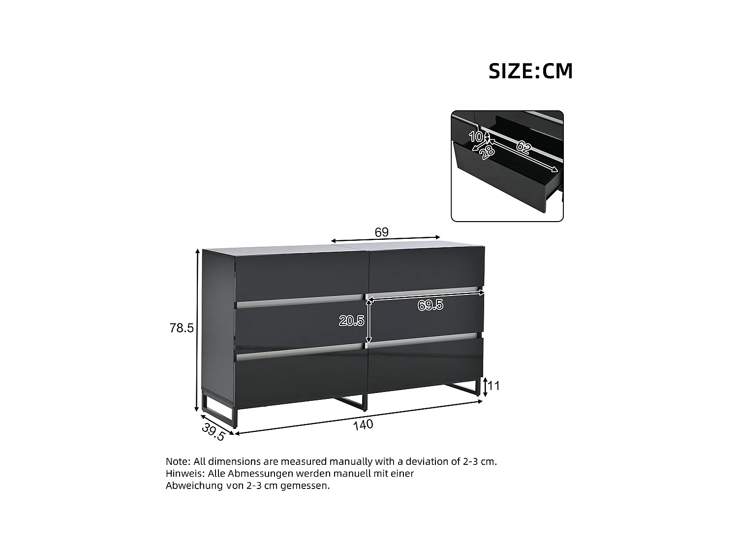 Buffet 140x39.5x78.5 cm - avec 6 tiroirs - 3 pieds en métal - Finition brillante - Noir + Blanc