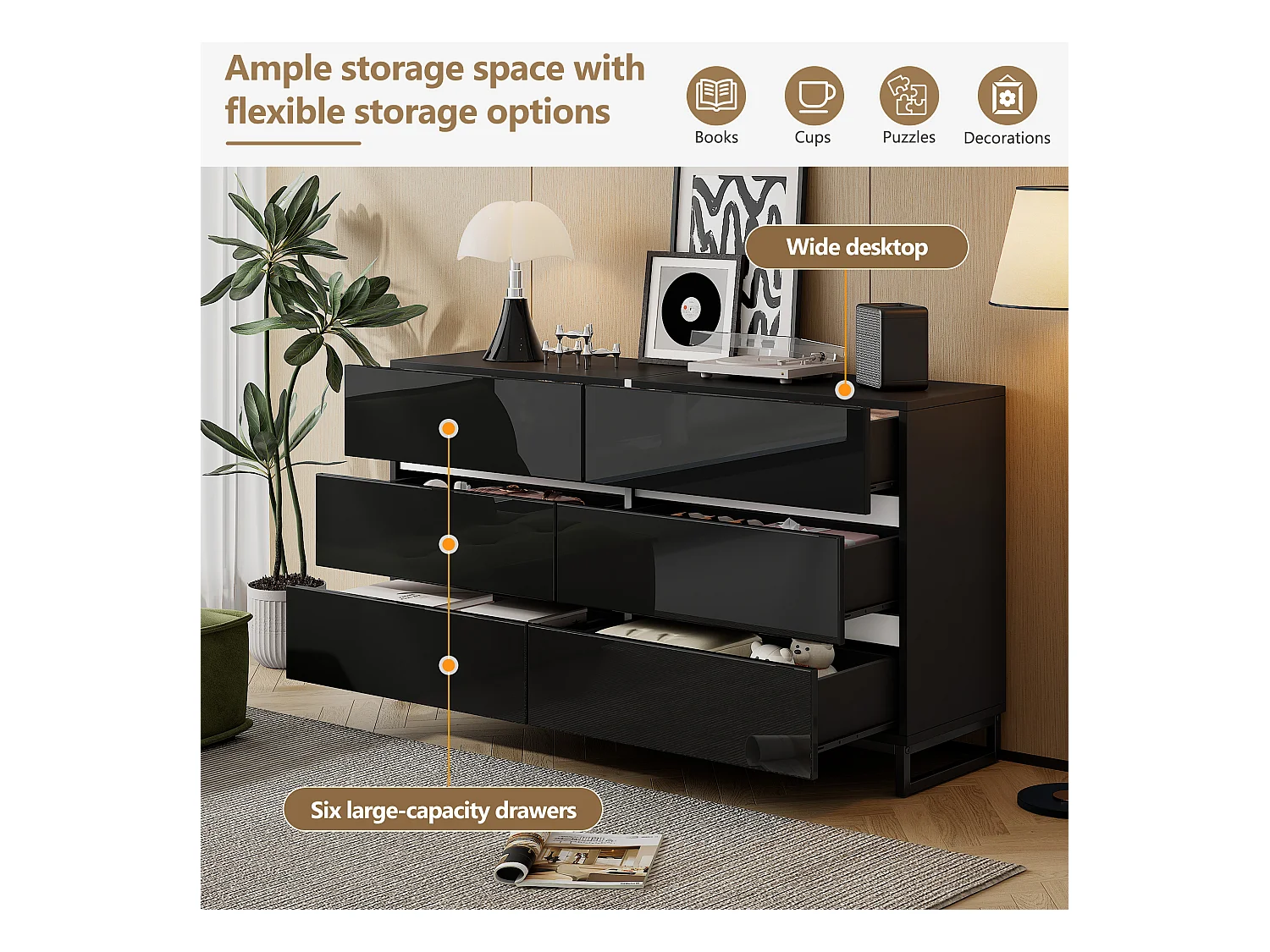 Buffet 140x39.5x78.5 cm - avec 6 tiroirs - 3 pieds en métal - Finition brillante - Noir + Blanc