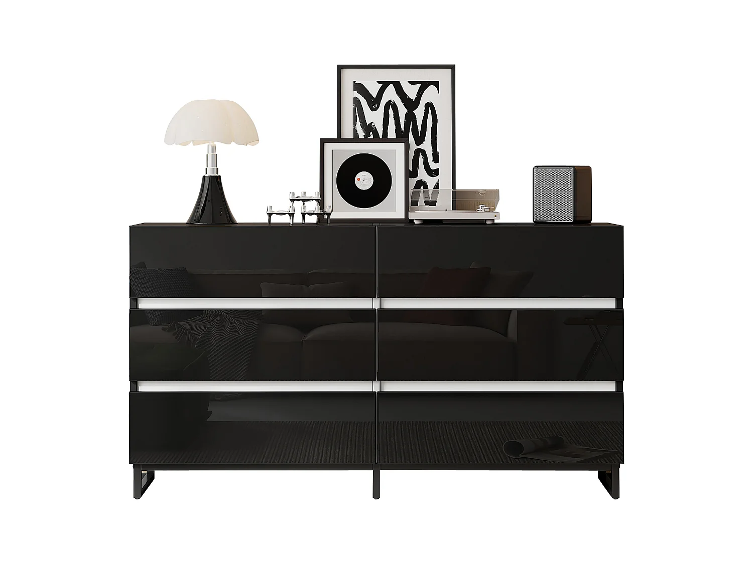 Buffet 140x39.5x78.5 cm - avec 6 tiroirs - 3 pieds en métal - Finition brillante - Noir + Blanc