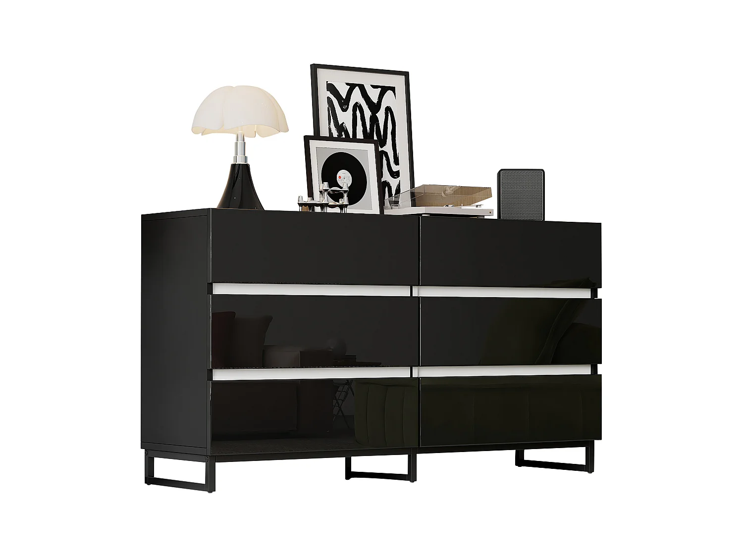 Buffet 140x39.5x78.5 cm - avec 6 tiroirs - 3 pieds en métal - Finition brillante - Noir + Blanc