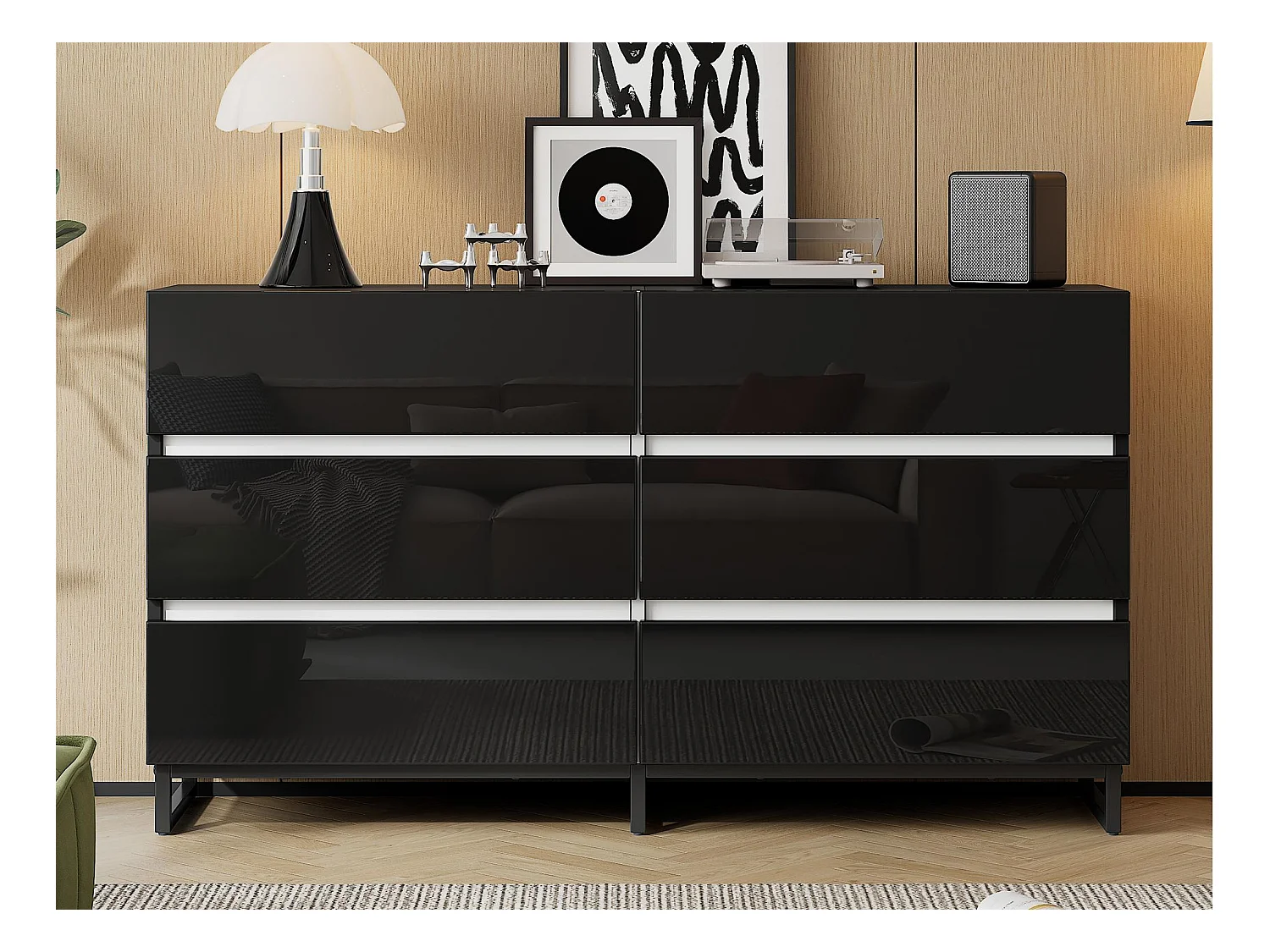 Buffet 140x39.5x78.5 cm - avec 6 tiroirs - 3 pieds en métal - Finition brillante - Noir + Blanc