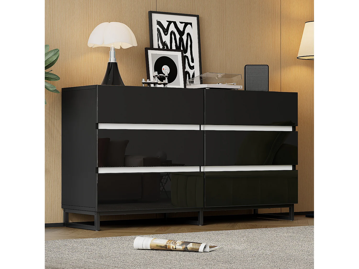 Buffet 140x39.5x78.5 cm - avec 6 tiroirs - 3 pieds en métal - Finition brillante - Noir + Blanc