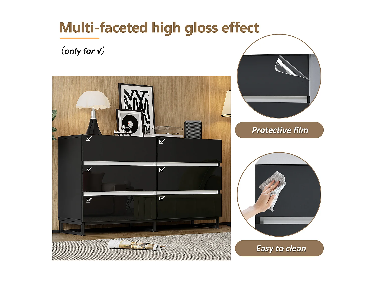 Buffet 140x39.5x78.5 cm - avec 6 tiroirs - 3 pieds en métal - Finition brillante - Noir + Blanc