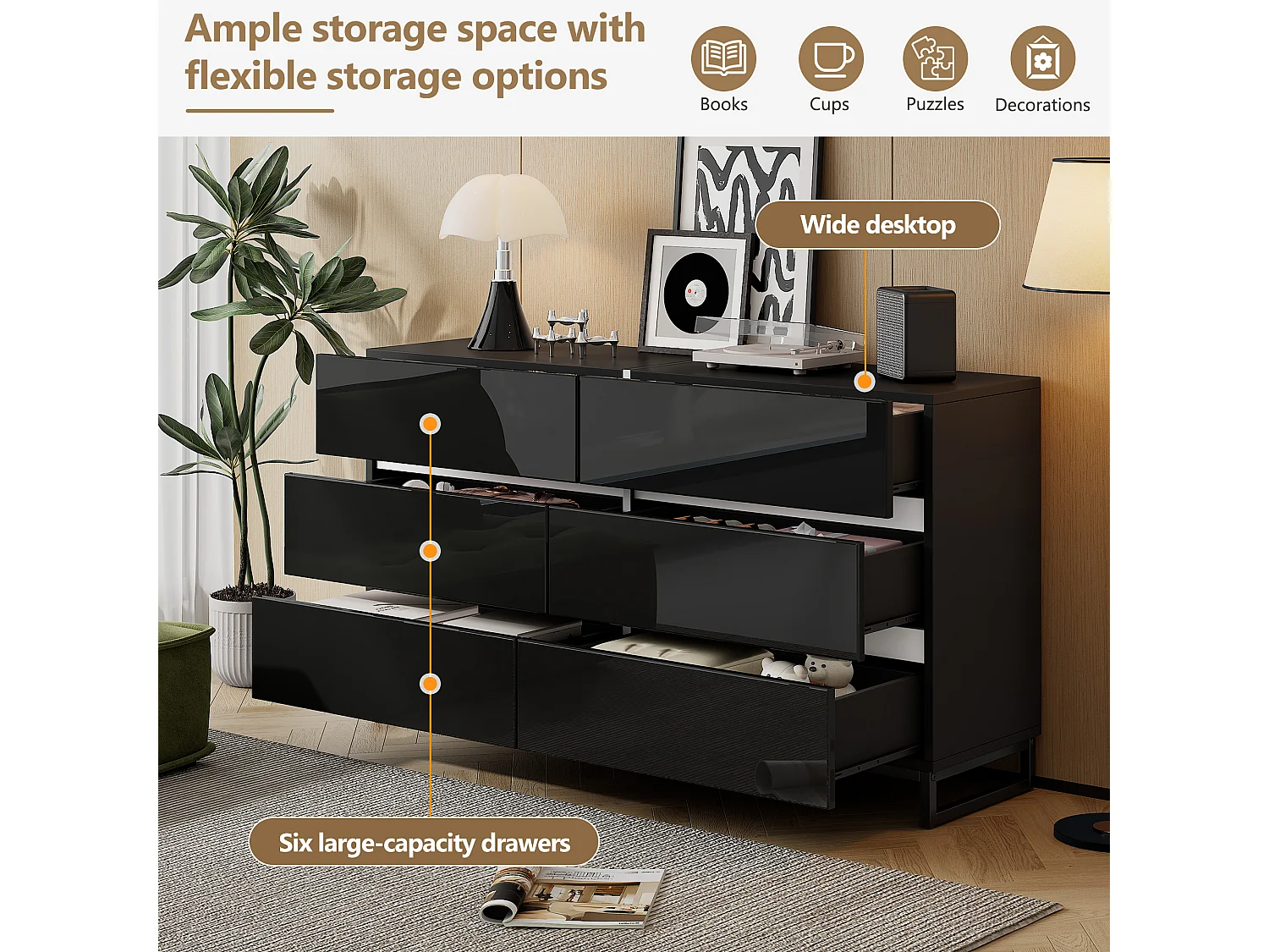 Buffet 140x39.5x78.5 cm - avec 6 tiroirs - 3 pieds en métal - Finition brillante - Noir + Blanc