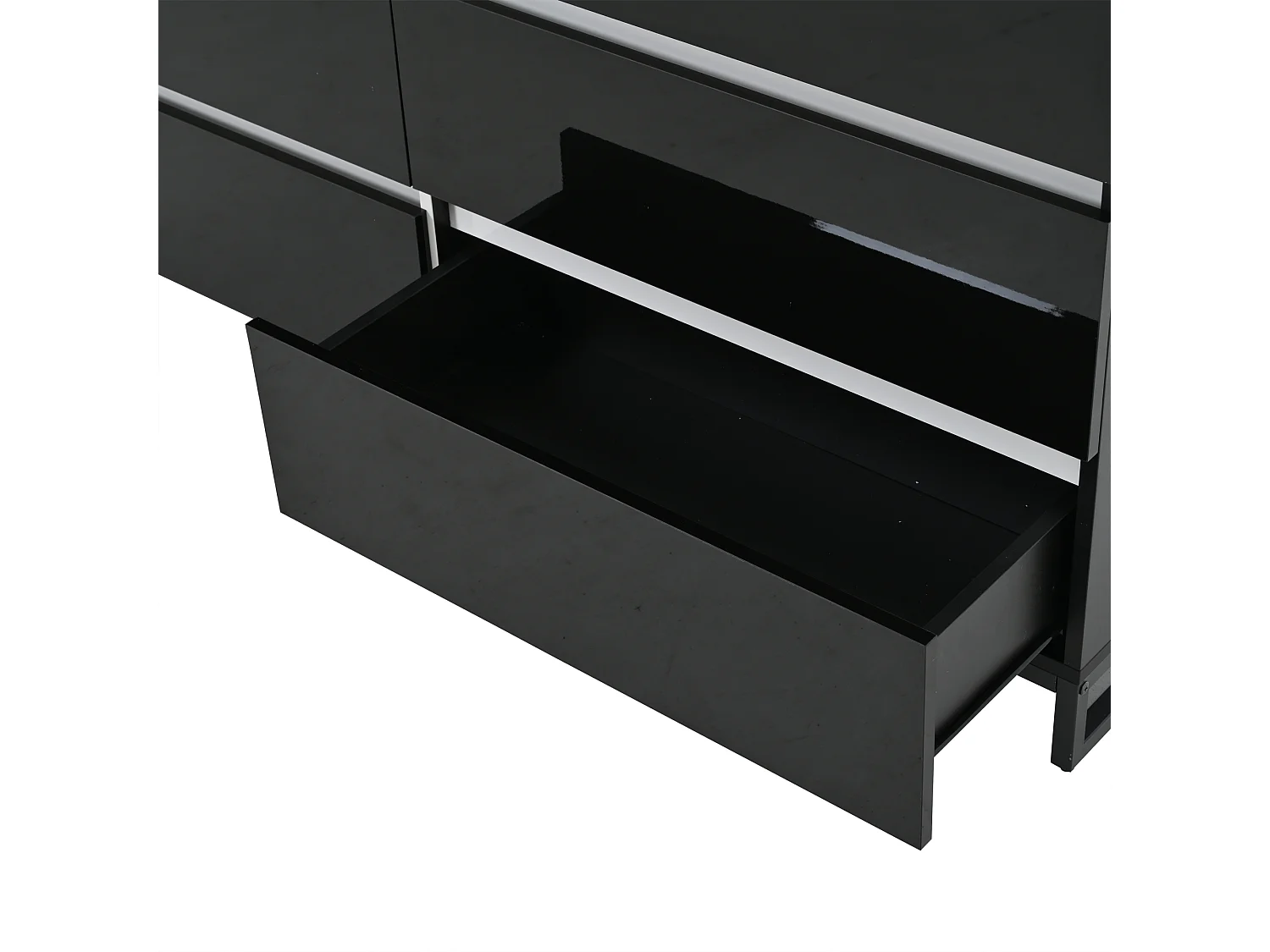 Buffet 140x39.5x78.5 cm - avec 6 tiroirs - 3 pieds en métal - Finition brillante - Noir + Blanc