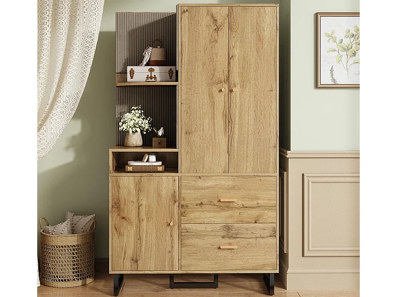 Zestaw wieszakowy do przedpokoju 110x38x186 cm - 3 drzwi i 2 szuflady - szafa z wieszakiem - Panele tapicerowane - Naturalny