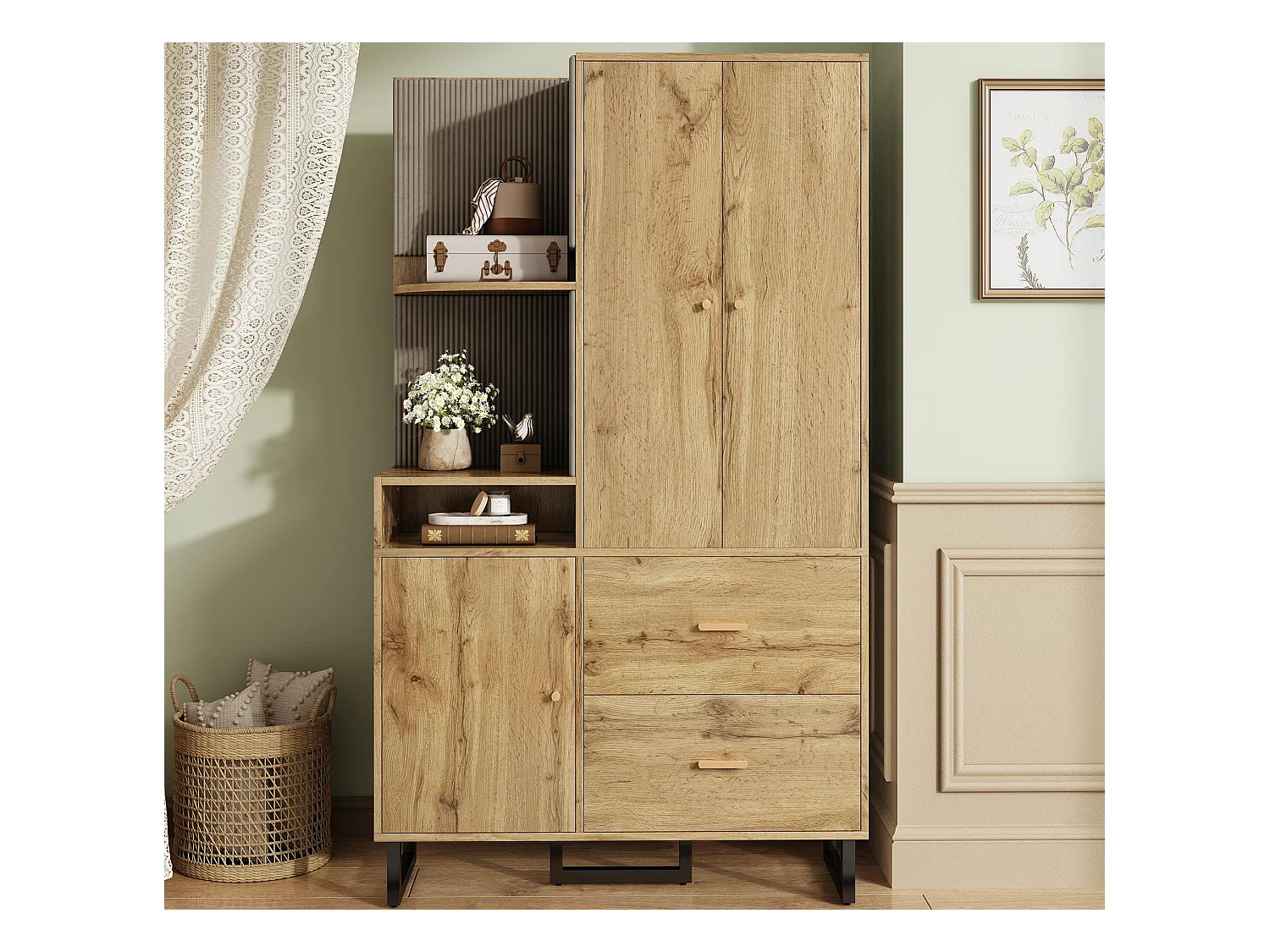 Ensemble vestiaire d'entrée 110x38x186 cm - 3 portes et 2 tiroirs - armoire avec tringle - Panneau rembourré - Naturel