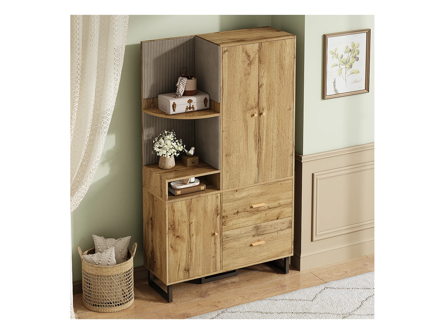 Ensemble vestiaire d'entrée 110x38x186 cm - 3 portes et 2 tiroirs - armoire avec tringle - Panneau rembourré - Naturel