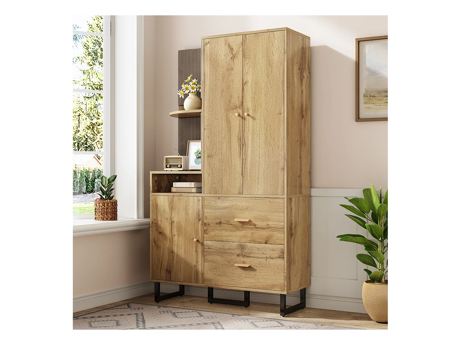 Ensemble vestiaire d'entrée 110x38x186 cm - 3 portes et 2 tiroirs - armoire avec tringle - Panneau rembourré - Naturel