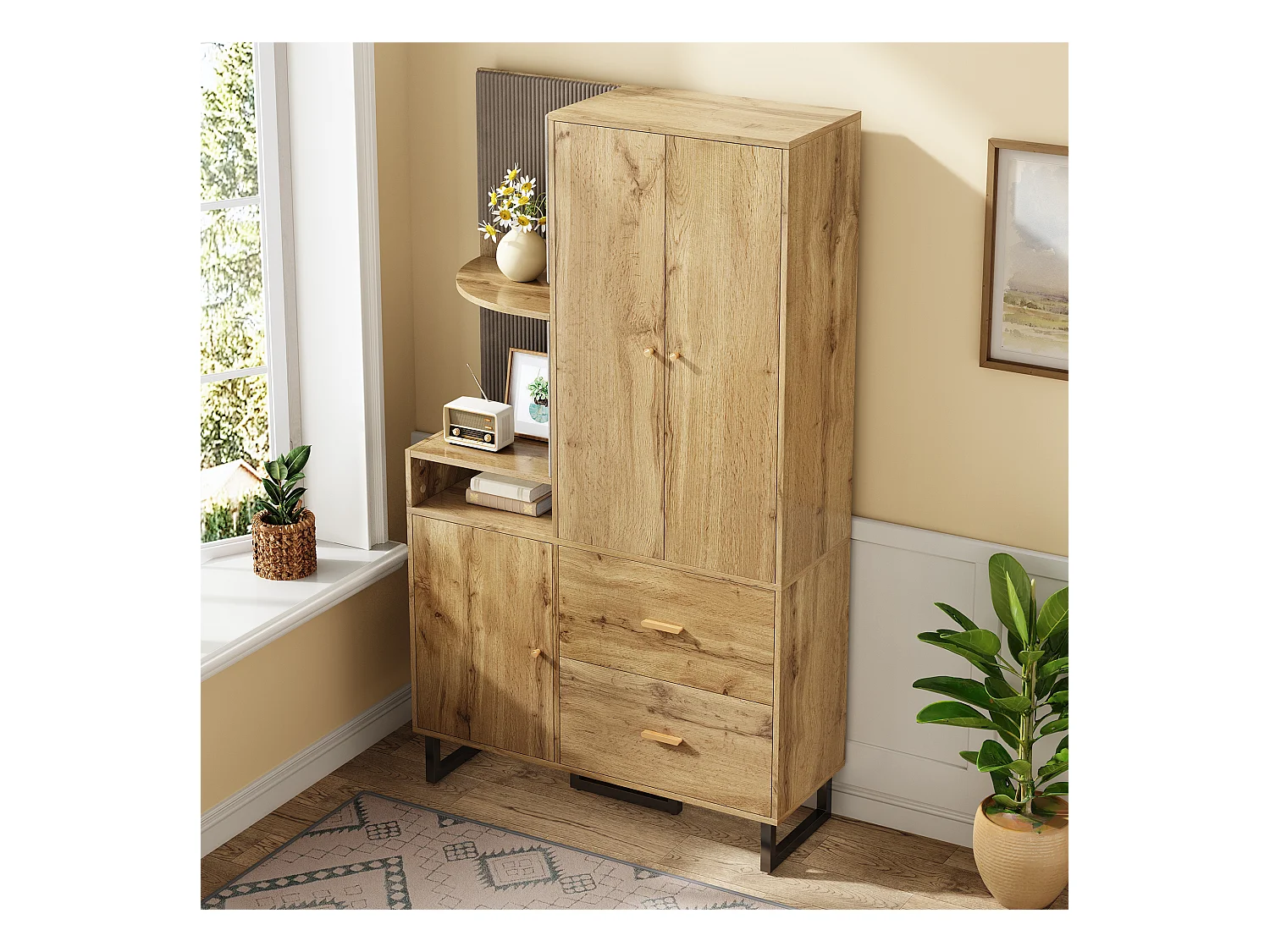 Ensemble vestiaire d'entrée 110x38x186 cm - 3 portes et 2 tiroirs - armoire avec tringle - Panneau rembourré - Naturel