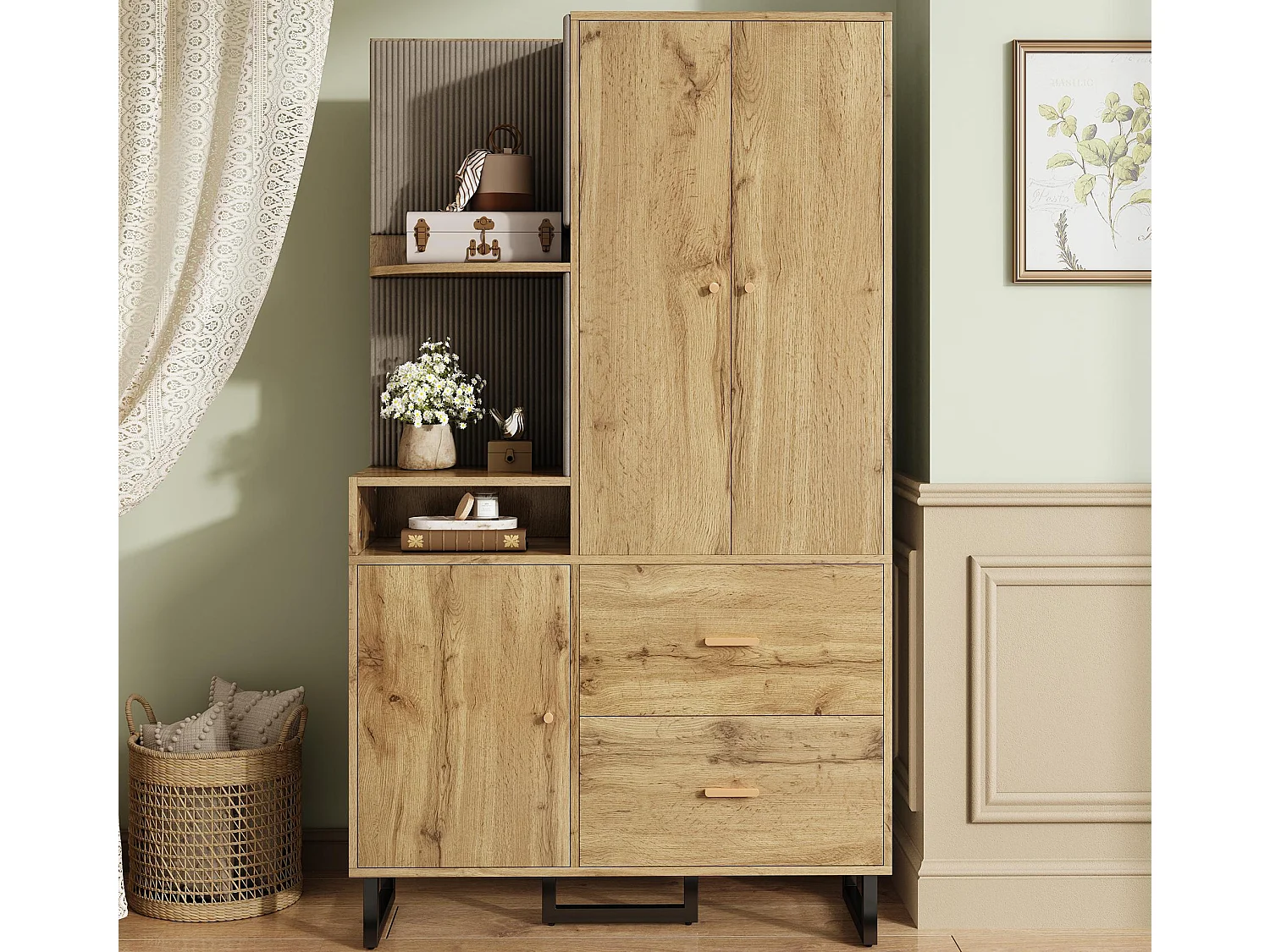 Garderobenset für den Eingangsbereich 110x38x186 cm - 3 Türen und 2 Schubladen - Kleiderschrank mit Kleiderstange - Gepolstertes Panel - Natur