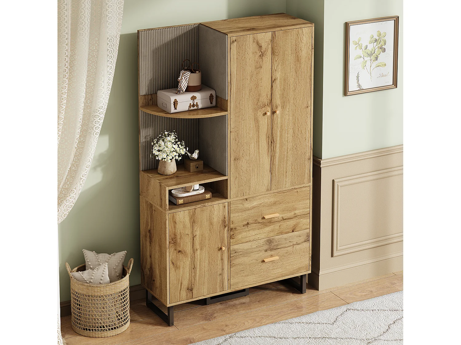 Garderobenset für den Eingangsbereich 110x38x186 cm - 3 Türen und 2 Schubladen - Kleiderschrank mit Kleiderstange - Gepolstertes Panel - Natur