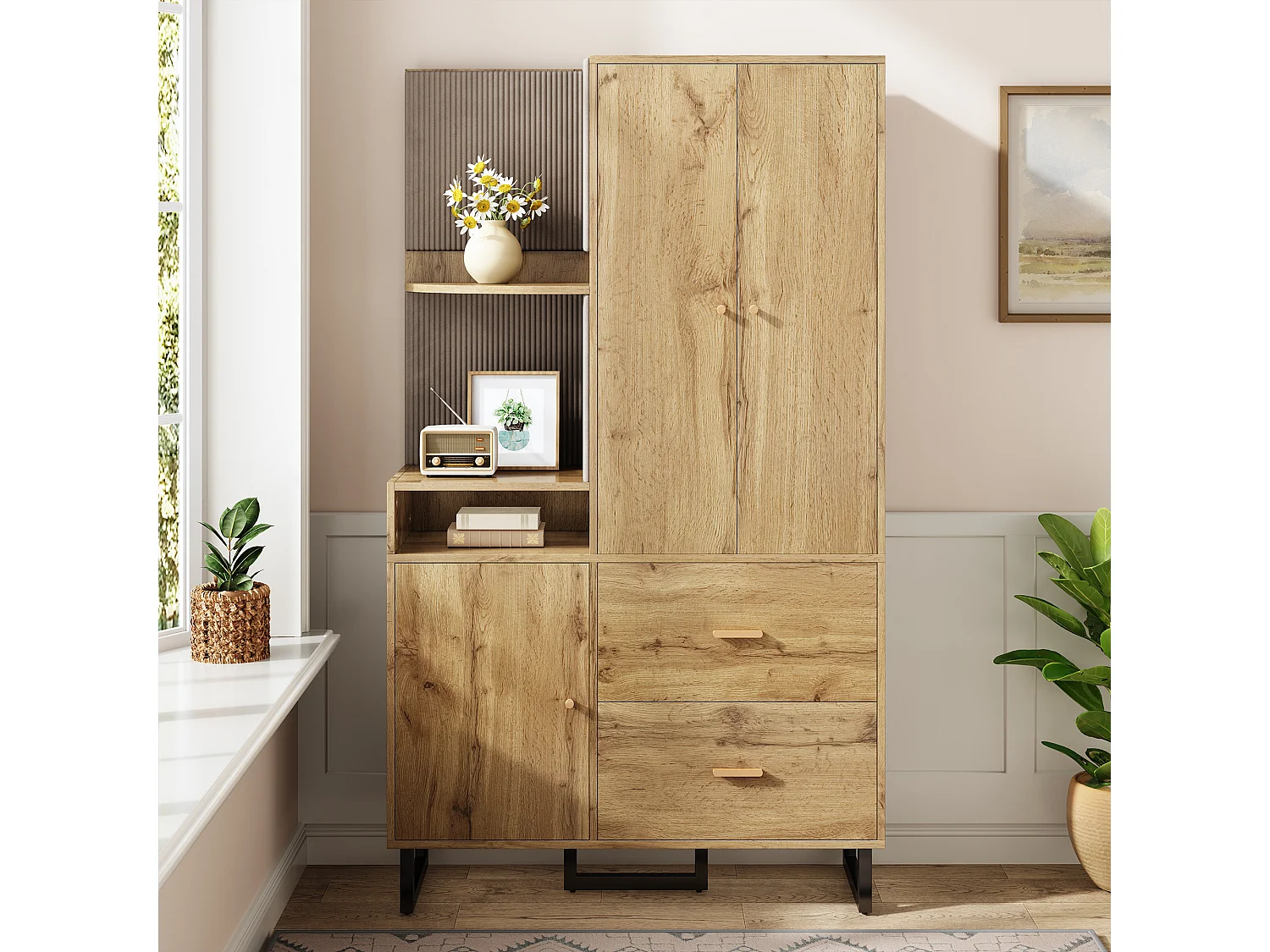 Garderobenset für den Eingangsbereich 110x38x186 cm - 3 Türen und 2 Schubladen - Kleiderschrank mit Kleiderstange - Gepolstertes Panel - Natur