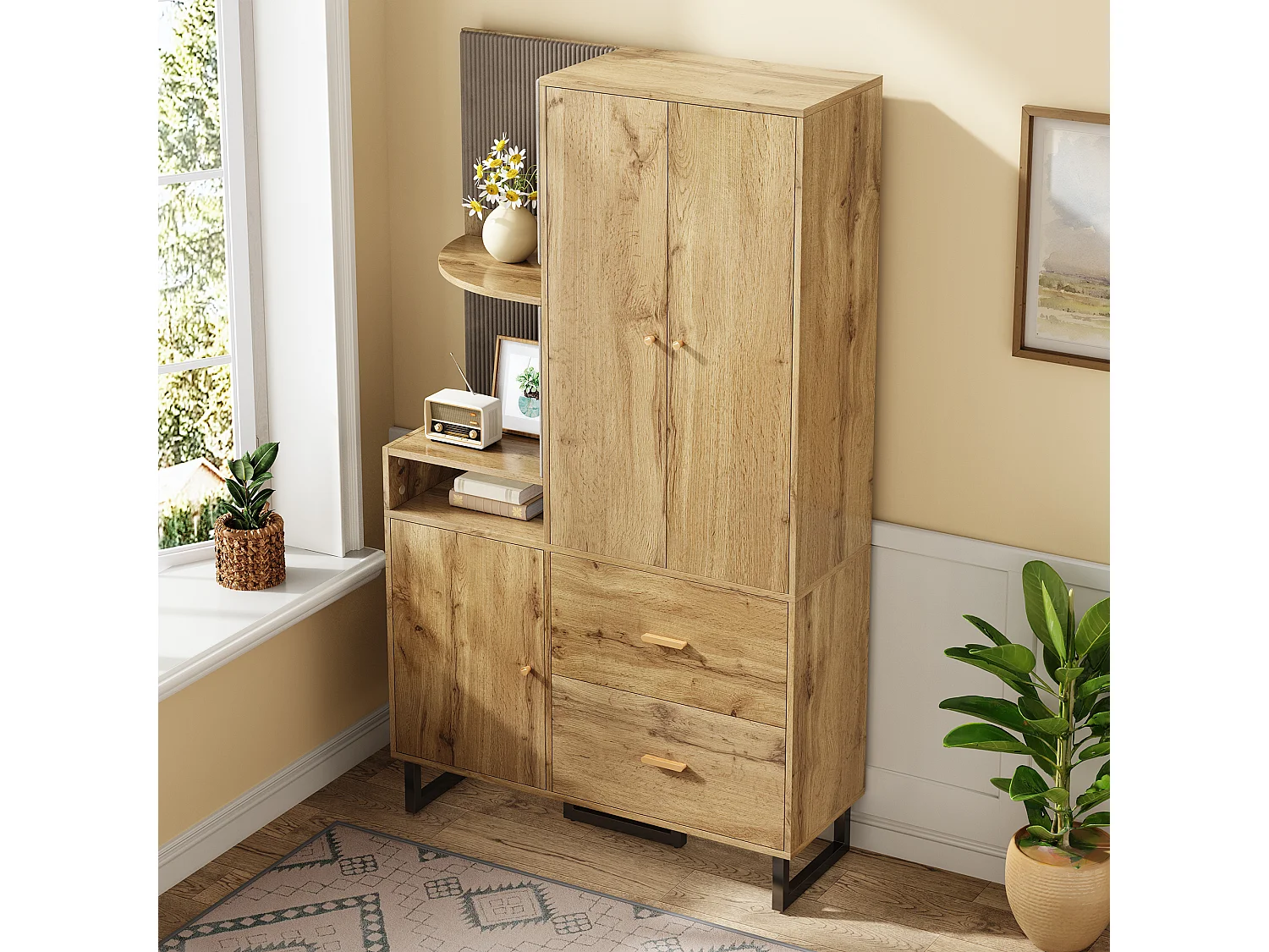 Garderobenset für den Eingangsbereich 110x38x186 cm - 3 Türen und 2 Schubladen - Kleiderschrank mit Kleiderstange - Gepolstertes Panel - Natur