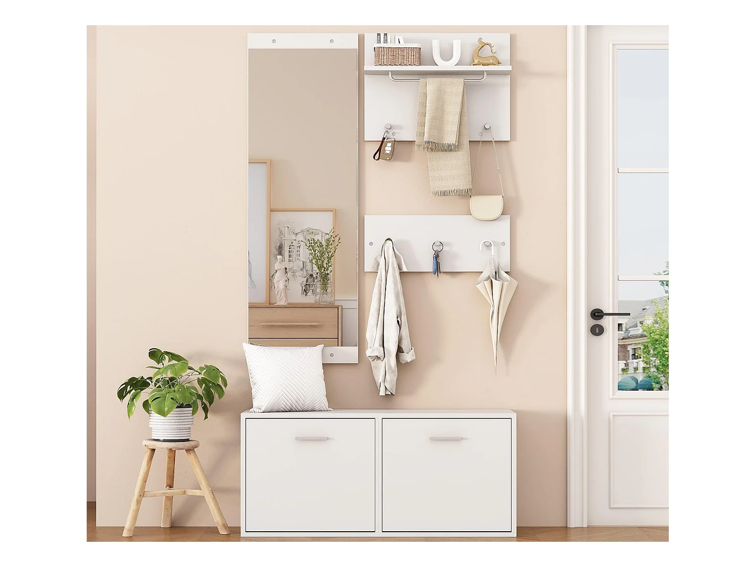 Ensemble vestiaire d'entrée 90x30x41.5 cm - avec 2 porte-manteaux muraux - Meuble à chaussures - avec miroir et 6 crochets - Blanc