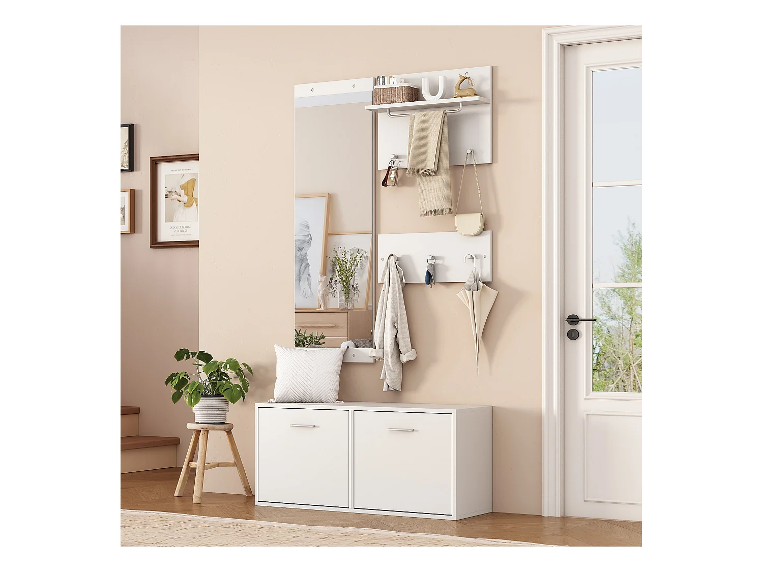 Ensemble vestiaire d'entrée 90x30x41.5 cm - avec 2 porte-manteaux muraux - Meuble à chaussures - avec miroir et 6 crochets - Blanc