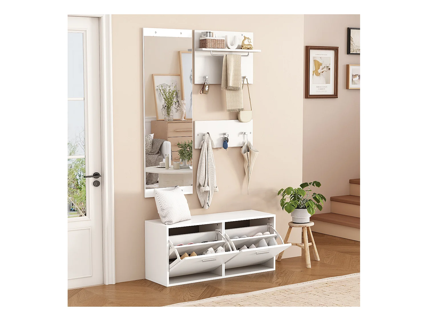 Ensemble vestiaire d'entrée 90x30x41.5 cm - avec 2 porte-manteaux muraux - Meuble à chaussures - avec miroir et 6 crochets - Blanc