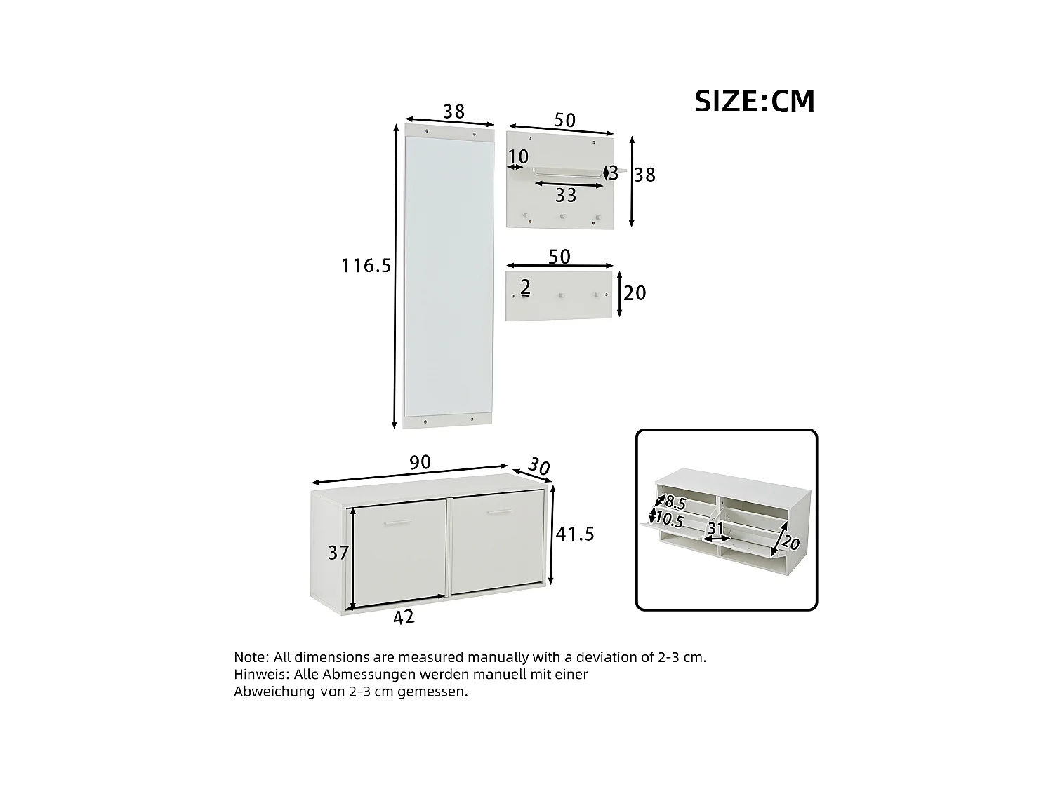 Ensemble vestiaire d'entrée 90x30x41.5 cm - avec 2 porte-manteaux muraux - Meuble à chaussures - avec miroir et 6 crochets - Blanc
