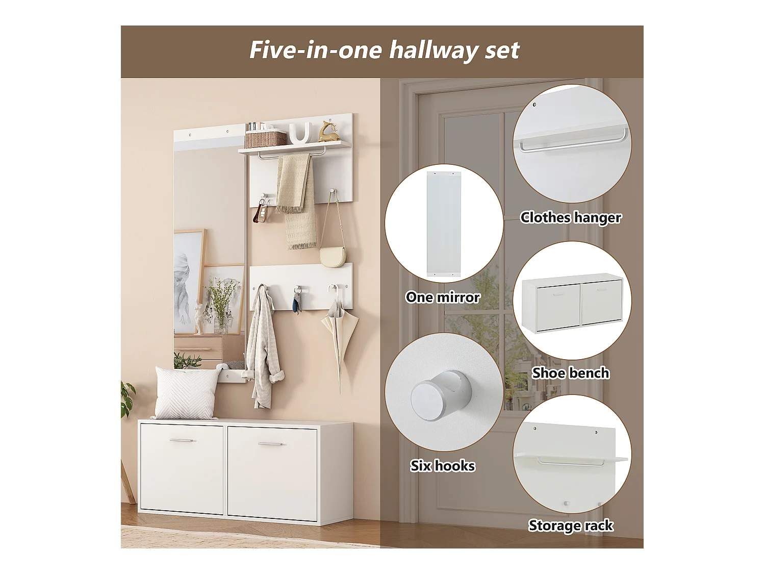 Ensemble vestiaire d'entrée 90x30x41.5 cm - avec 2 porte-manteaux muraux - Meuble à chaussures - avec miroir et 6 crochets - Blanc