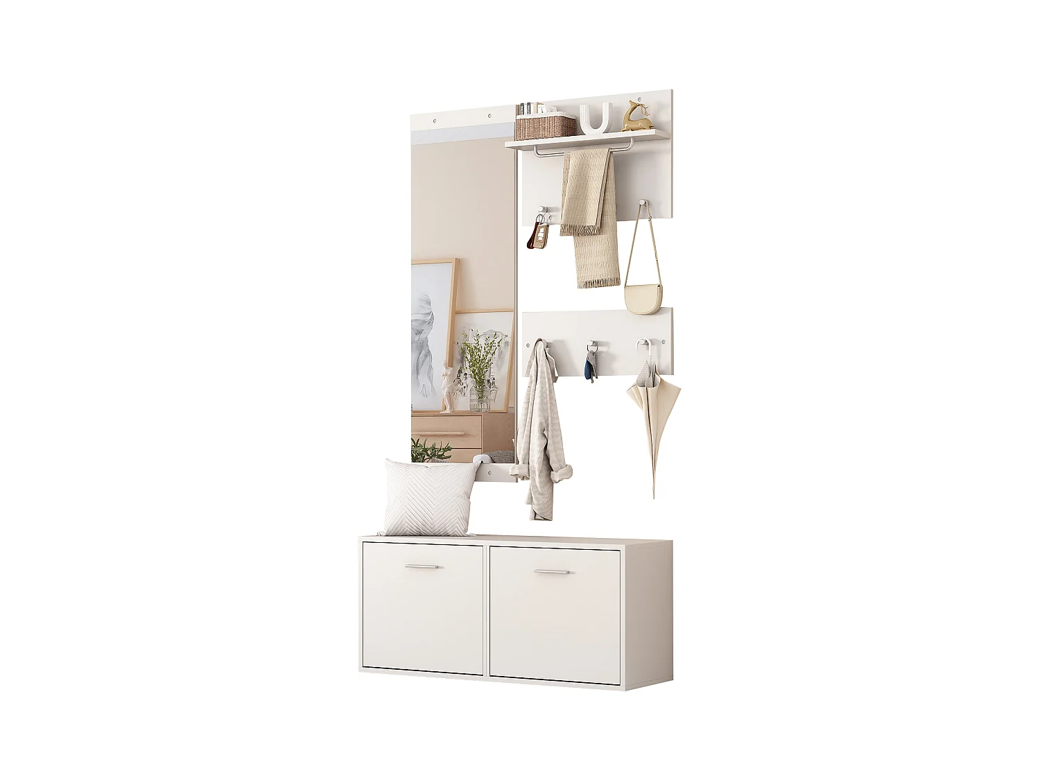 Ensemble vestiaire d'entrée 90x30x41.5 cm - avec 2 porte-manteaux muraux - Meuble à chaussures - avec miroir et 6 crochets - Blanc