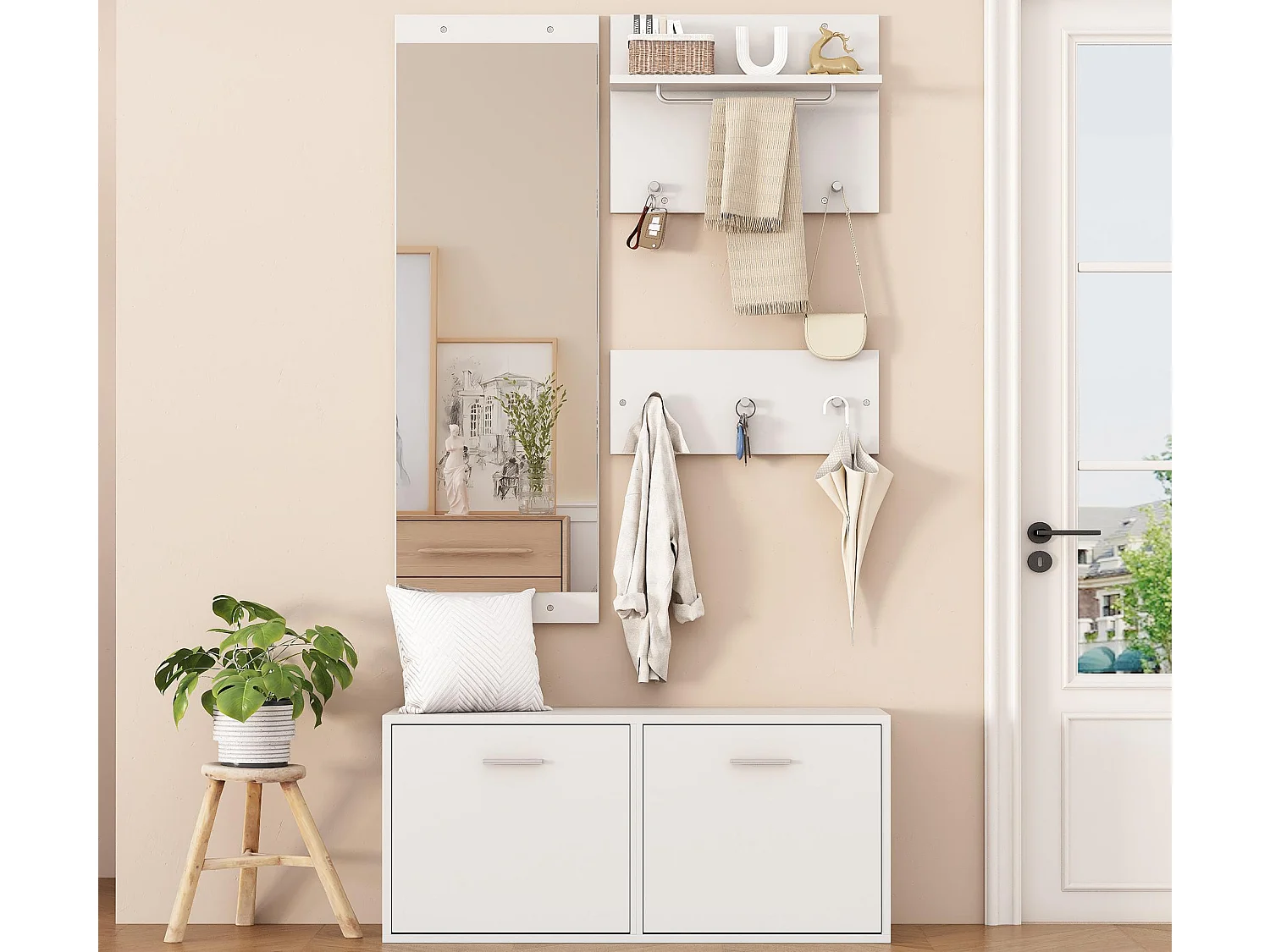 Set guardaroba d'ingresso 90x30x41.5 cm - con 2 appendiabiti da parete - Mobile per scarpe - con specchio e 6 ganci - Bianco