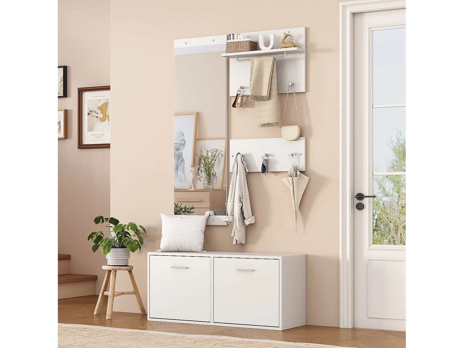 Set guardaroba d'ingresso 90x30x41.5 cm - con 2 appendiabiti da parete - Mobile per scarpe - con specchio e 6 ganci - Bianco