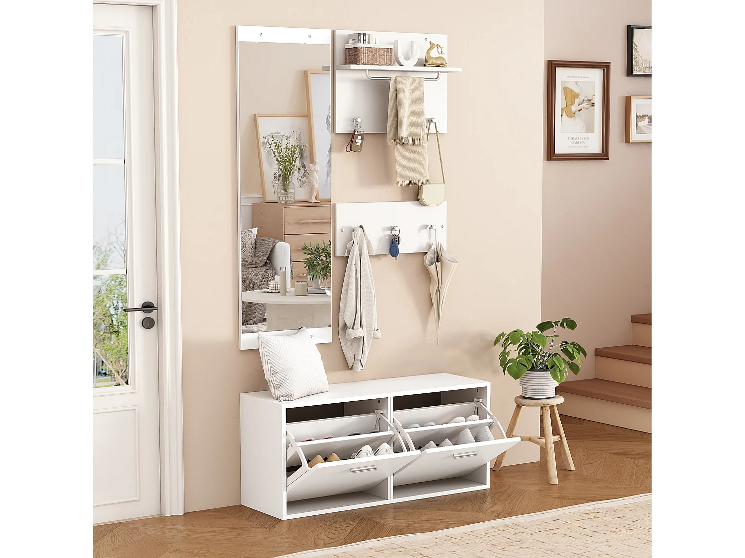 Set guardaroba d'ingresso 90x30x41.5 cm - con 2 appendiabiti da parete - Mobile per scarpe - con specchio e 6 ganci - Bianco