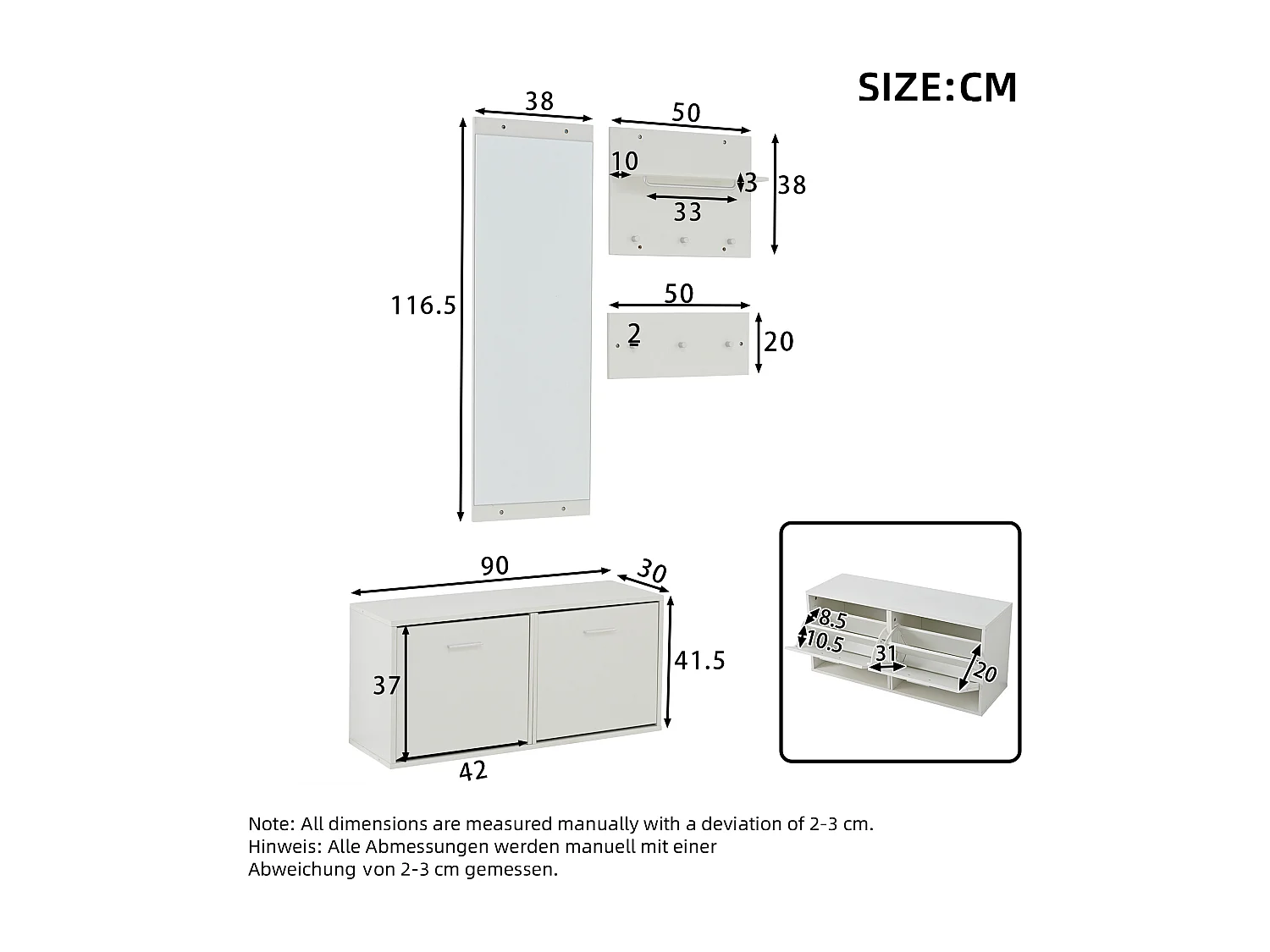 Set guardaroba d'ingresso 90x30x41.5 cm - con 2 appendiabiti da parete - Mobile per scarpe - con specchio e 6 ganci - Bianco