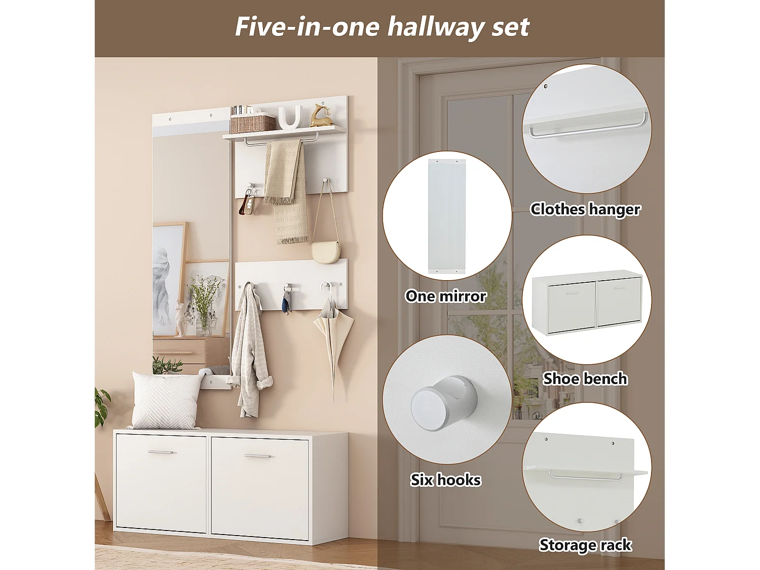 Set guardaroba d'ingresso 90x30x41.5 cm - con 2 appendiabiti da parete - Mobile per scarpe - con specchio e 6 ganci - Bianco