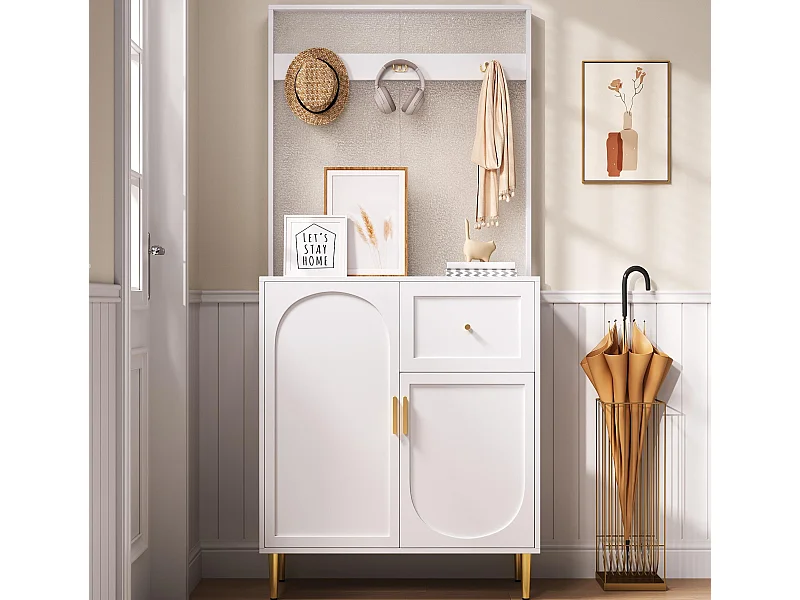 Garderobenset für den Eingangsbereich 80x35x175.5 cm - 2 Türen und 1 Schublade - mit 3 Haken - Verstellbare Regale - MDF - Weiß