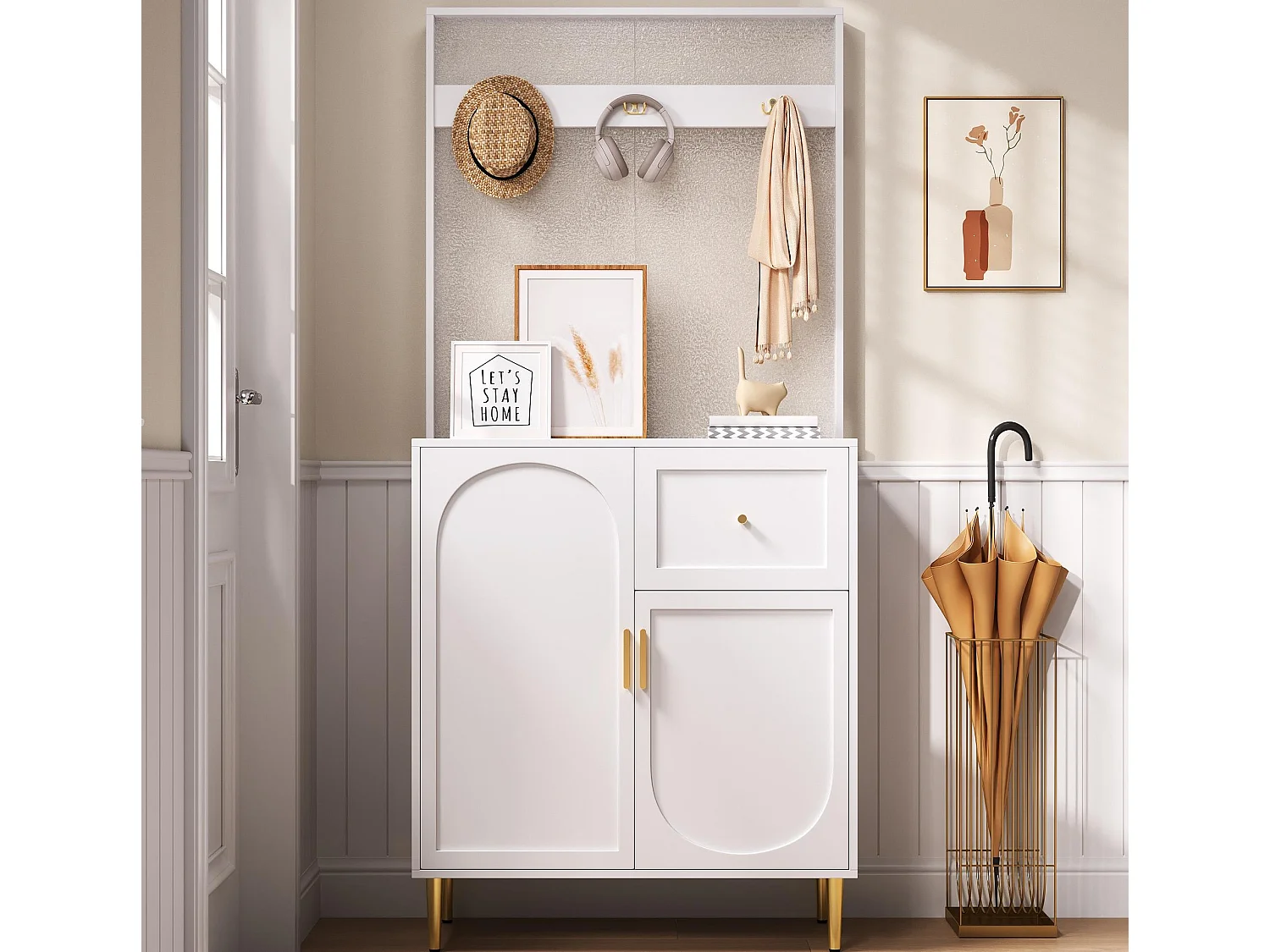 Garderobenset für den Eingangsbereich 80x35x175.5 cm - 2 Türen und 1 Schublade - mit 3 Haken - Verstellbare Regale - MDF - Weiß