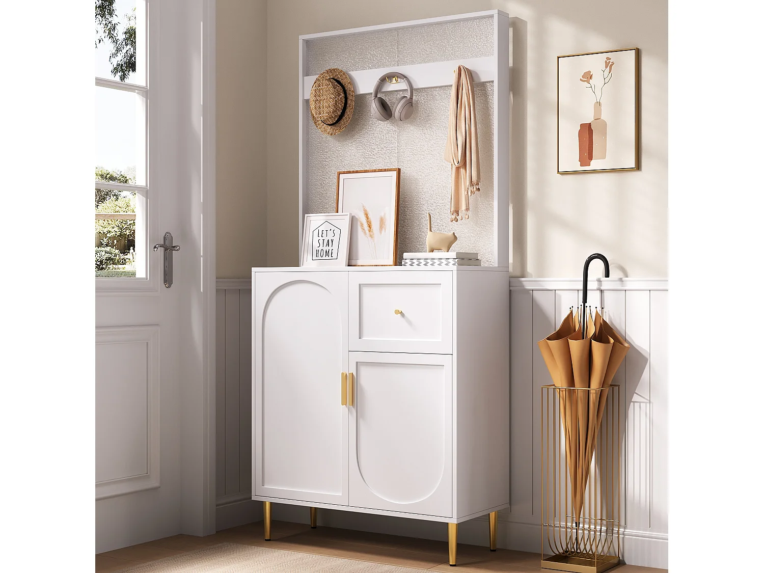 Garderobenset für den Eingangsbereich 80x35x175.5 cm - 2 Türen und 1 Schublade - mit 3 Haken - Verstellbare Regale - MDF - Weiß