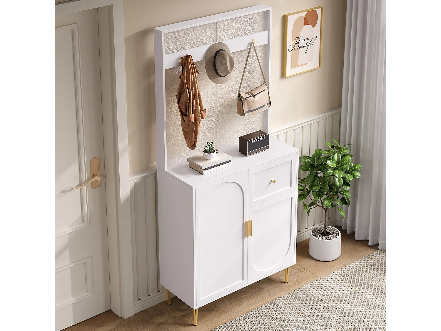 Garderobenset für den Eingangsbereich 80x35x175.5 cm - 2 Türen und 1 Schublade - mit 3 Haken - Verstellbare Regale - MDF - Weiß