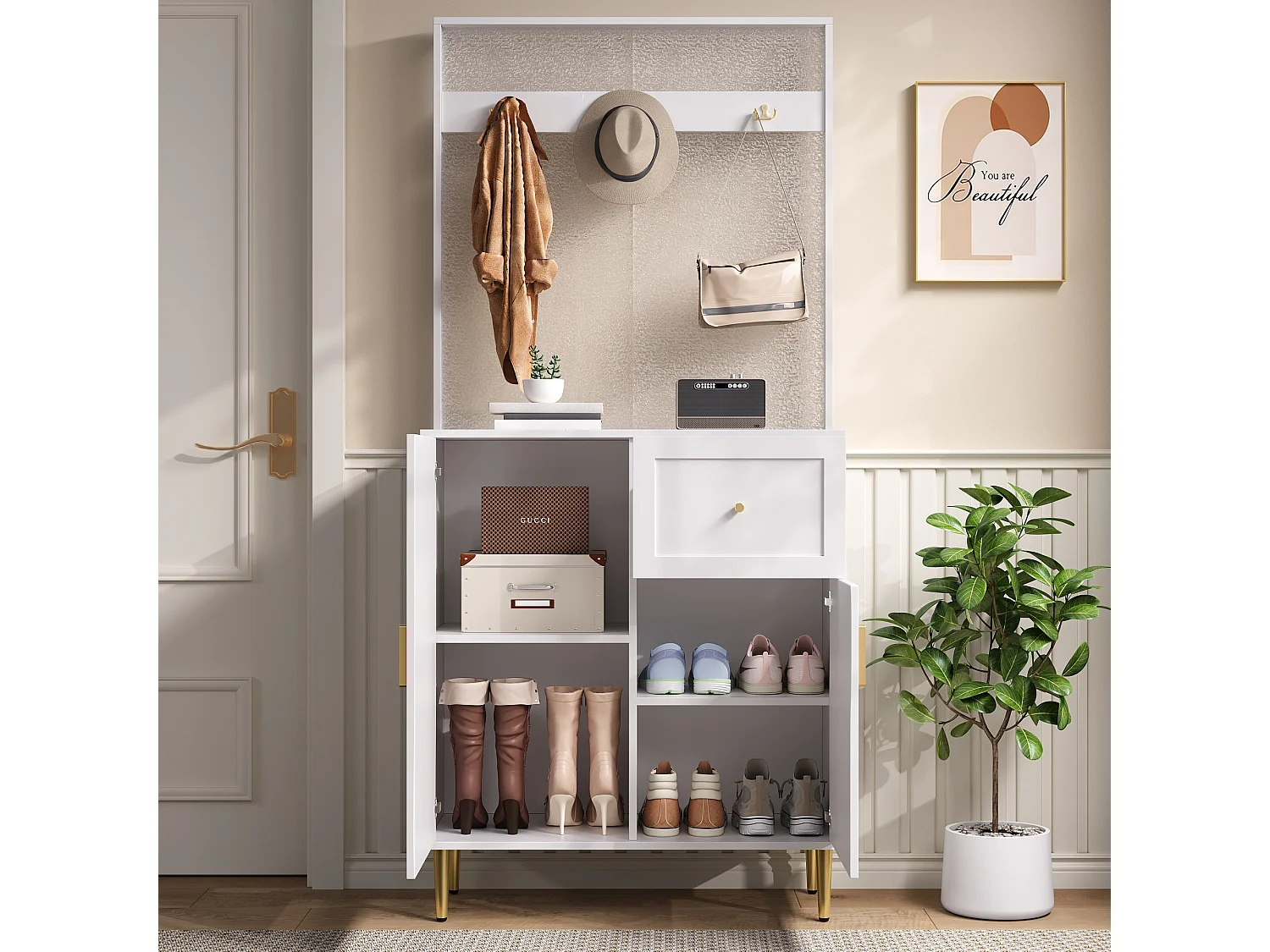 Garderobenset für den Eingangsbereich 80x35x175.5 cm - 2 Türen und 1 Schublade - mit 3 Haken - Verstellbare Regale - MDF - Weiß