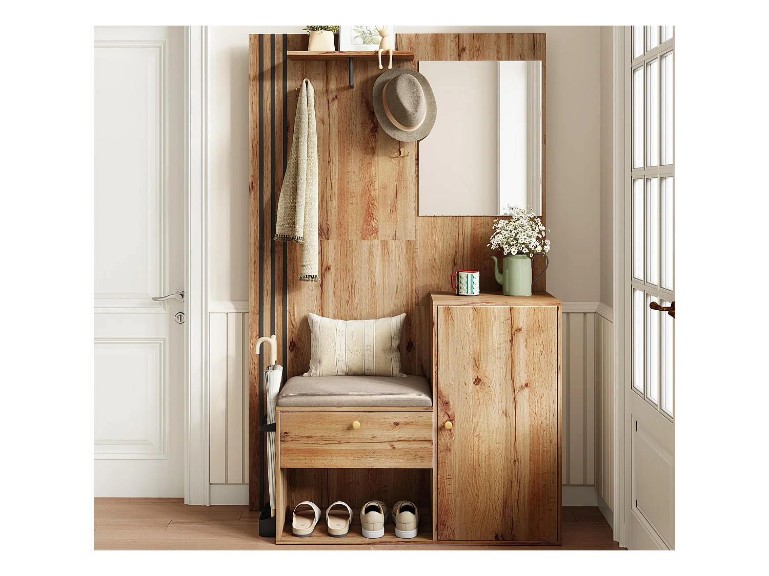 Ensemble vestiaire d'entrée 115x37x185 cm - avec miroir et crochets - acec siège rembourré - Porte-parapluie - Naturel