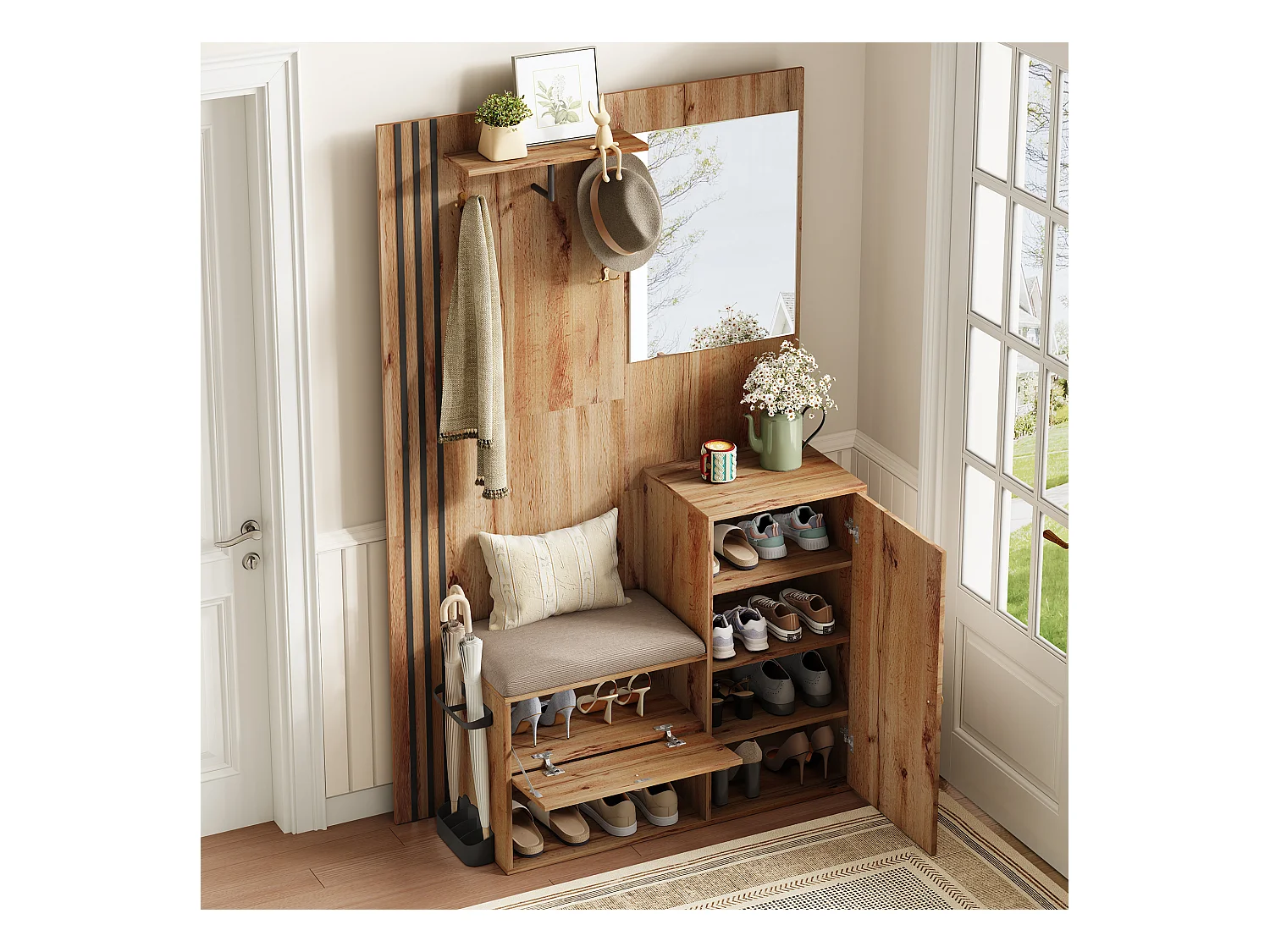 Ensemble vestiaire d'entrée 115x37x185 cm - avec miroir et crochets - acec siège rembourré - Porte-parapluie - Naturel