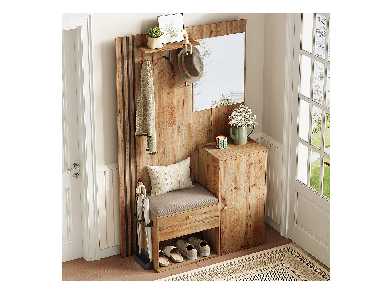 Ensemble vestiaire d'entrée 115x37x185 cm - avec miroir et crochets - acec siège rembourré - Porte-parapluie - Naturel