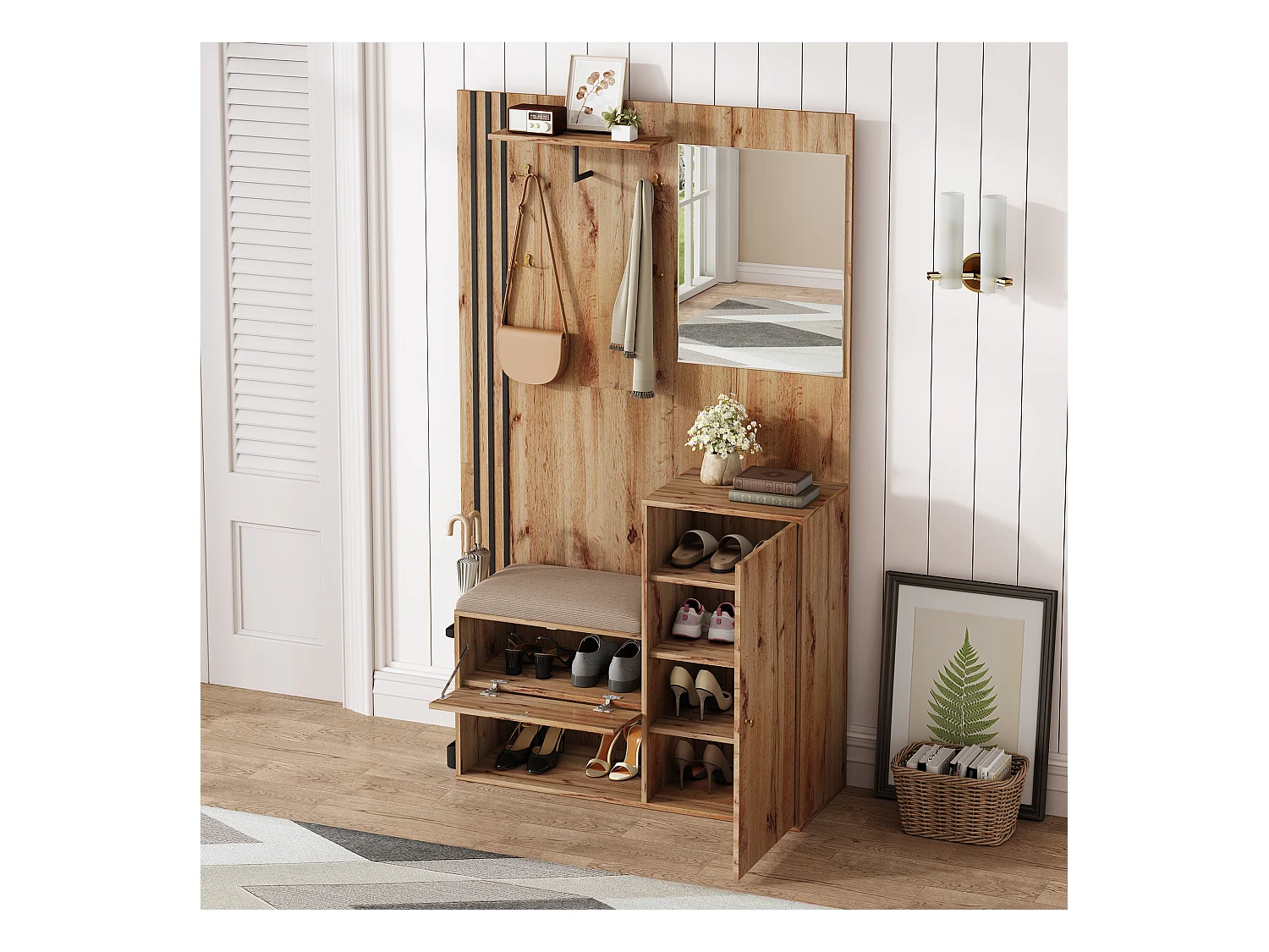 Ensemble vestiaire d'entrée 115x37x185 cm - avec miroir et crochets - acec siège rembourré - Porte-parapluie - Naturel